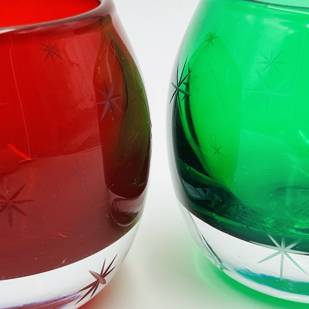 Votive Holder Set Etched Starburst Red‎ Green Glass Hand Blown Poland Christmas - Picture 6 of 10